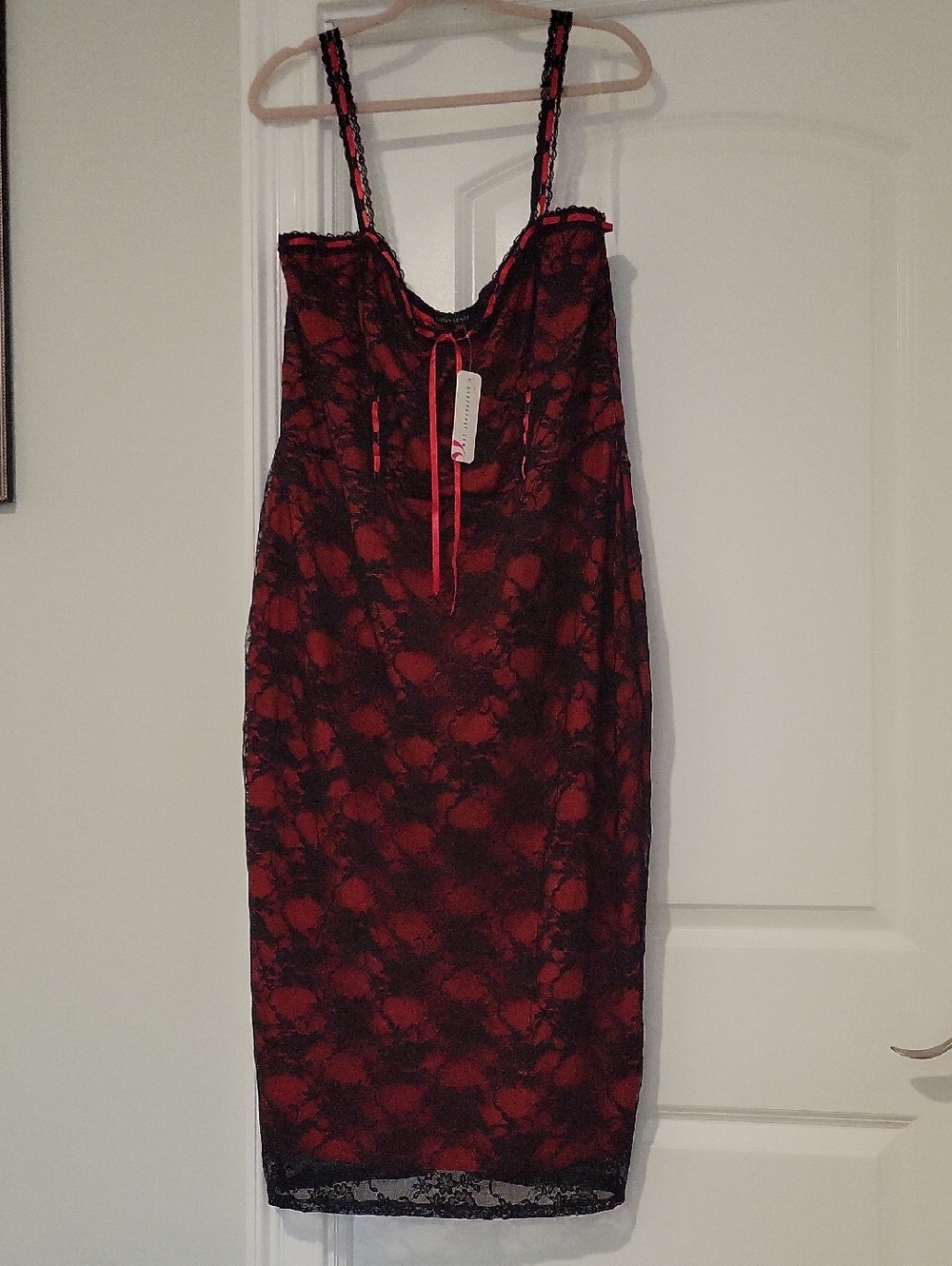 Red Lace-Overlay Maxi Slip Dress with Black Lace Trim